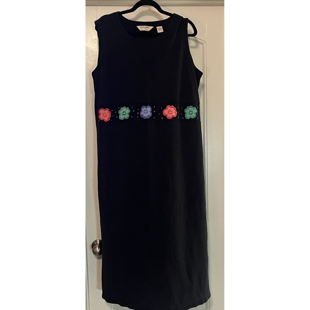 Vintage Bechamel 1X Black Maxi Dress Floral Applique Embroidered Cotton Tank